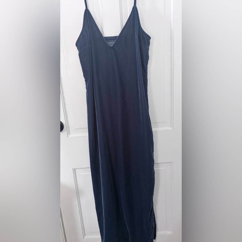 Dark blue velvet women’s midi slip dress slit v neck whimsy romantic size S Tall